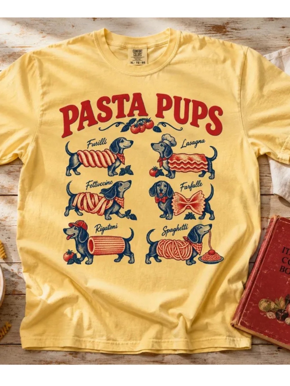Comfort Colors Yellow 'Pasta Pups' Graphic Tee, Retro Dachshunds T-Shirt